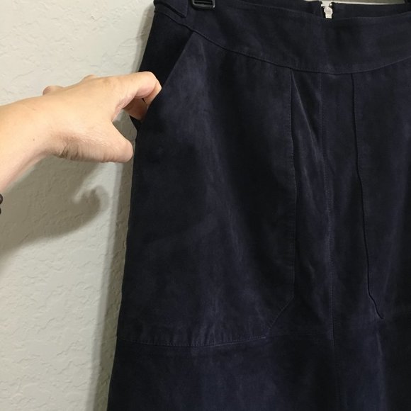 Warehouse-Leather Navy Blue Suede A Line Skirt Below Knee Size 6 - Picture 2 of 11